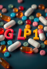 Colorful pills and capsules scattered dark surface with letters GLP1 prominently displayed, symbolizing medical
