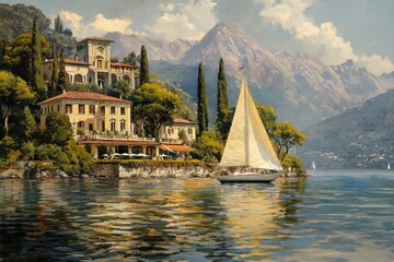 Obraz premium Sailing past stunning villas along the serene shores of Lake Como in Italy during a sunny day, Sailing passed villas on the shore of Lake Como, Italy