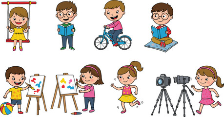 Cartoon children playing, reading, painting, cycling, and using camera equipment, fun educational kids activity vector illustration for learning resources