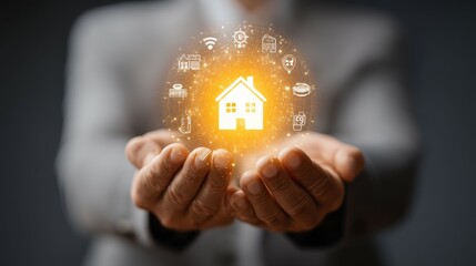 Business Professional Holding Virtual House Icon with Smart Technology Symbols