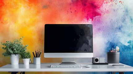 Vibrant workspace featuring modern computer setup against colorful backdrop