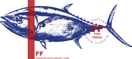 Tuna fish graphic vector blue silhouette vintage style seafood illustration hand drawn sketch engraving retro art isolated on white background for packaging label logo restaurant menu print design