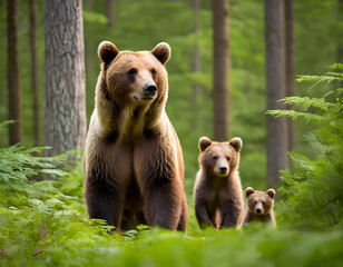 Fototapeta premium Adorable brown bear mother and cubs roam freely in a sun-dappled forest, surrounded by lush greenery, showcasing tender family bonding in a serene wilderness setting. brown bear in the zoo.