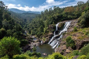 Waterfall cascading through lush green valley