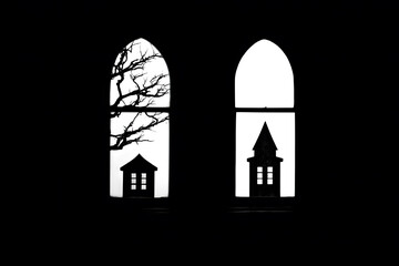 Ghoulish silhouettes of Halloween characters seen through a window, isolated on white background.