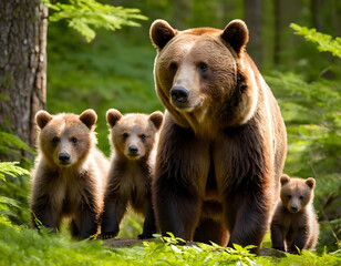 Fototapeta premium Adorable brown bear mother and cubs roam freely in a sun-dappled forest, surrounded by lush greenery, showcasing tender family bonding in a serene wilderness setting. brown bear in the green forest.