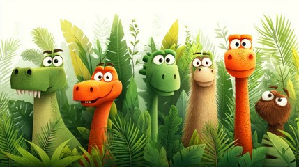 Naklejka premium Fun and Colorful Cartoon Dinosaurs Surrounded by Lush Greenery and Tropical Foliage