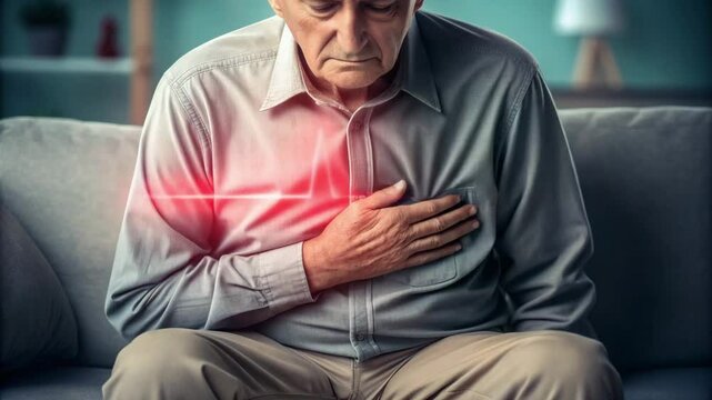 Elderly man faces chest pain, highlighting cardiologys role in managing hypertension and arrhythmia for optimal heart health and well being