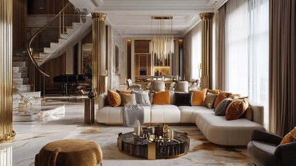 Opulent Interior, A Luxurious Living Space with Golden Accents and Grand Design