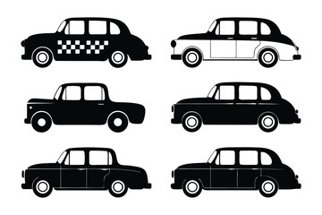 Obraz premium Vintage Taxi Silhouettes: A collection of classic taxi silhouettes showcases a range of iconic car designs from a bygone era. This image captures the essence of urban transport and retro charm.