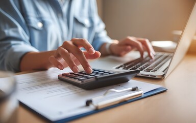 Person using calculator and laptop for financial calculations at desk