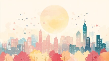 Fototapeta premium Pastel cityscape with autumn trees and sun, perfect for backgrounds