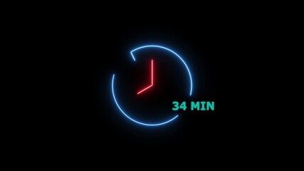 Animation of glowing neon 34 minute timer clock. analog neon clock icon animation.  on a black background. and creating a stunning 4k video.