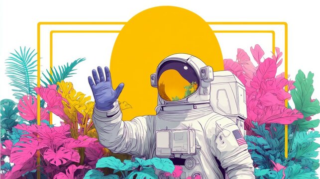 Astronaut Surrounded by Vibrant Tropical Leaves and Bright Sun Circular Design