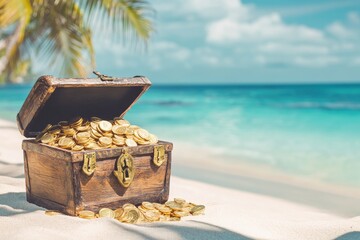 Treasure chest overflowing with gold coins on a sunny tropical beach with golden sand and clear blue water, Treasure chest filled with gold coins on tropical beach with turquoise water Adventure