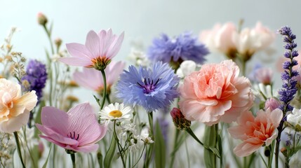 Colorful Arrangement of Various Floral Blooms in Soft Natural Light Setting