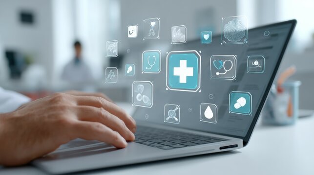 Modern Technology in Healthcare with Medical Icons and Laptop Interface Display
