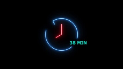 Animation of glowing neon 38 minute timer clock. analog neon clock icon animation.  on a black background. and creating a stunning 4k video.