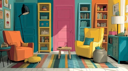 Vibrant Living Room with Colorful Decor and Cozy Seating in Modern Interior Design