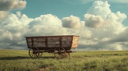 Weathered wagon amidst vast field under a dramatic cloudscape