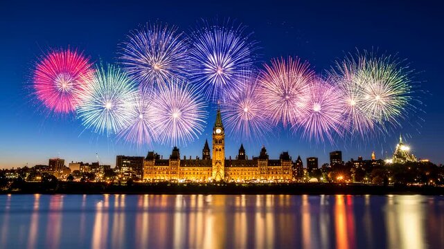 Ottawa Fireworks with Parliament Hill, and Canada Night.