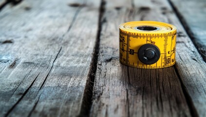 Vintage Yellow Measuring Tape on Rustic Wooden Background