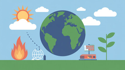 Naklejka premium The illustration depicts climate change with the sun, fire, and earth, highlighting global warming