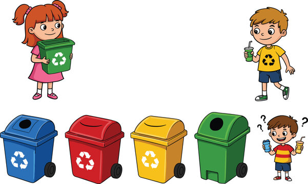 Children learning to recycle waste with colorful bins, cartoon style, teaching environmental awareness, waste management, eco-friendly concept illustration - Powered by Adobe