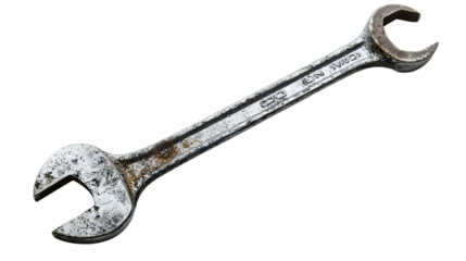 A weathered wrench is isolated on transparent background, ready for repair