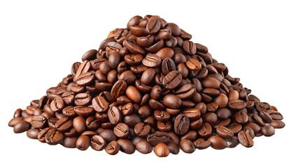 Obraz premium A generous pile of freshly roasted brown coffee beans, showcasing their rich texture and aroma, isolated on a transparent background