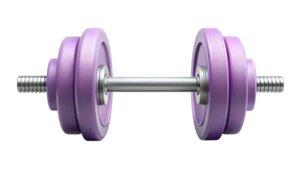A pair of vibrant purple dumbbells with silver metal handles, designed for strength training and fitness, isolated on a transparent background
