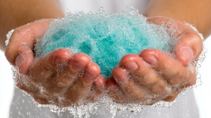 Fototapeta premium Close-up of Hands Holding Soap Bubble with Clear Water and Foam for Cleaning Purposes