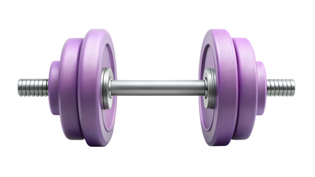 A pair of vibrant purple dumbbells with silver metal handles, designed for strength training and fitness, isolated on a transparent background