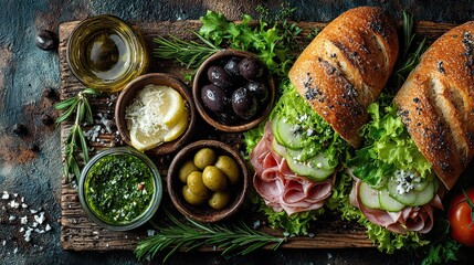 Hoagie lettuce deli board with fresh sandwich ingredients, rustic lunch food styling concept for culinary design ads