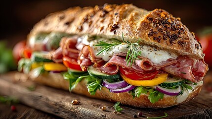 Hoagie day gourmet sandwich with fresh deli ingredients on rustic board, foodie celebration concept for culinary ads