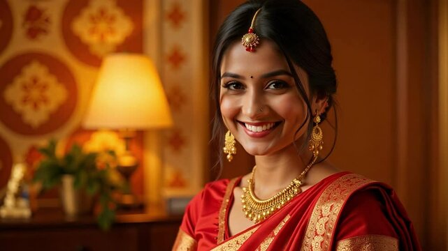 An Indian woman in a red silk saree smiles warmly at the camera, adorned with a bindi and gold jewelry against a soft golden festive backdrop in 4k.