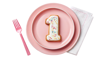 Celebrate first birthday party with number one cookie on pink plate setting on transparent background
