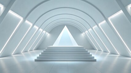 Fototapeta premium Futuristic minimalist architectural interior with glowing pyramid on a stepped platform and illuminated arched ceiling