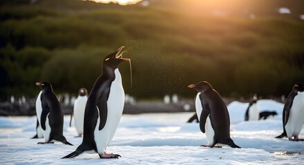 Obraz premium Penguin Splashing Water in Golden Sunset Antarctica Wildlife