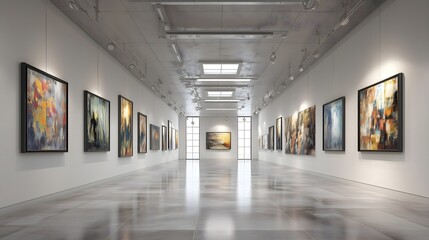 Contemporary art gallery interior with bright lighting and modern paintings on clean white walls, empty exhibition hall space. Concept of stylish cultural venue.