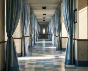 Long Corridor with Blue Curtains and Sunlit Floor