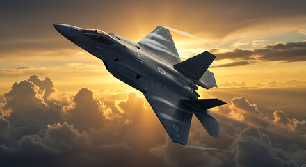 A modern fighter jet soaring through a dramatic, cloud-filled sky during sunset.