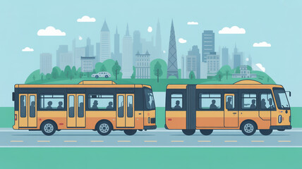 Two yellow buses travel along a city street against a backdrop of urban buildings and skyline