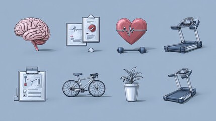 Healthy brain lifestyle icons set with wellness symbols, mental fitness reminder concept for health, science, design ads
