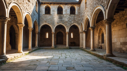 A serene medieval cloister bathed in sunlight. Ancient stone arches and pillars surround a quiet courtyard, evoking a powerful sense of history and tranquility.
