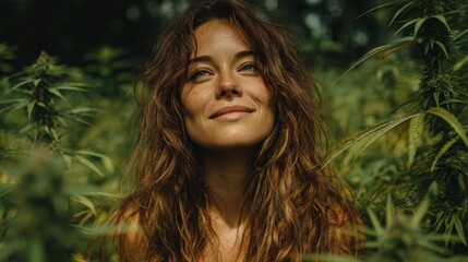 Fototapeta premium Natural Beauty Smiling in a Green Cannabis Field Under Soft Light