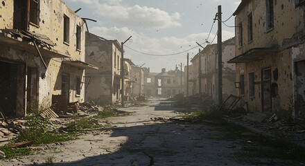 Desolate, sun-drenched street in a war-torn neighborhood, showing crumbling buildings and debris.