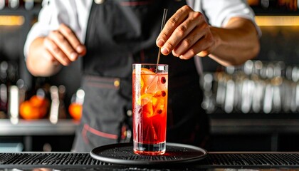 Persona mezclando bebida roja vibrante con hielo y frutas cítricas sobre mesa de bar profesional