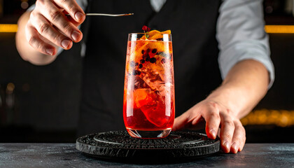 Manos agregando decoración a cóctel burbujeante rojo en vaso alto con hielo y fondo oscuro