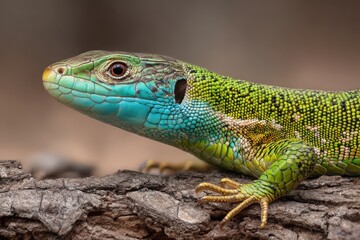 Close-up of a vibrant lizard resting on a log, showcasing detailed scales and colors